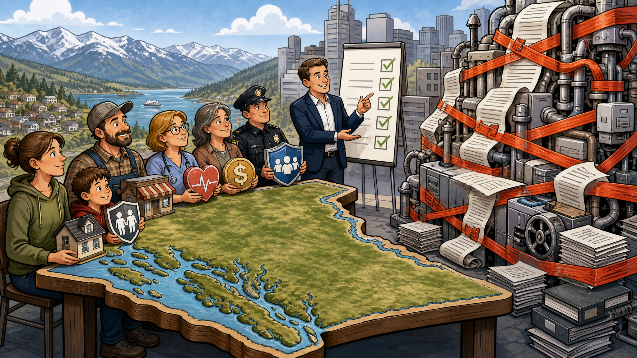 Editorial cartoon about BC conservatives offering practical change on property rights, safe streets, taxes and freedom